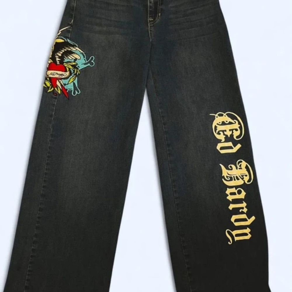 Ed Hardy Black Straight Leg Jeans with Colorful Embroidery